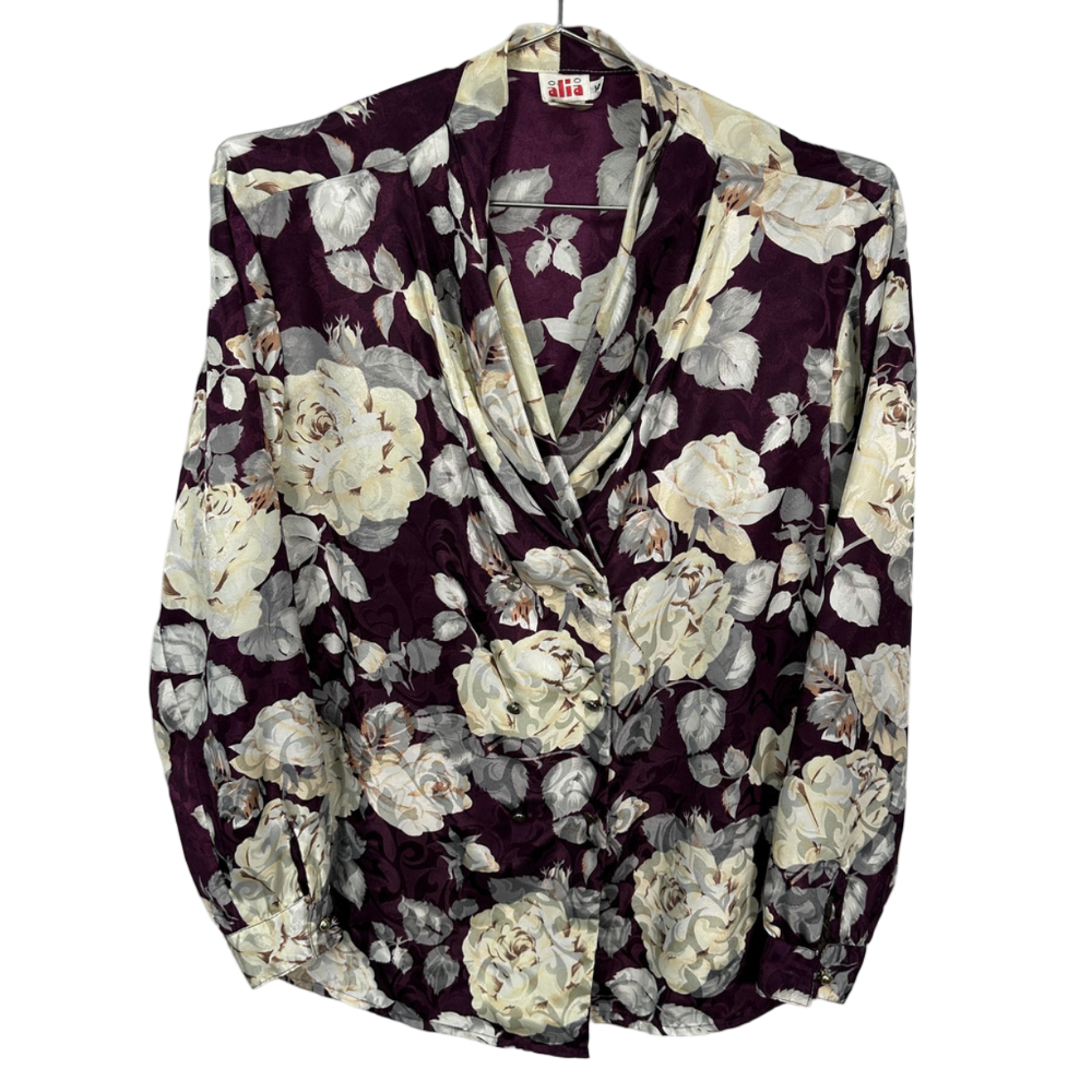 Vintage Work Blouse 80s Floral Purple Silky Office Chic Button Long Sleeve 14